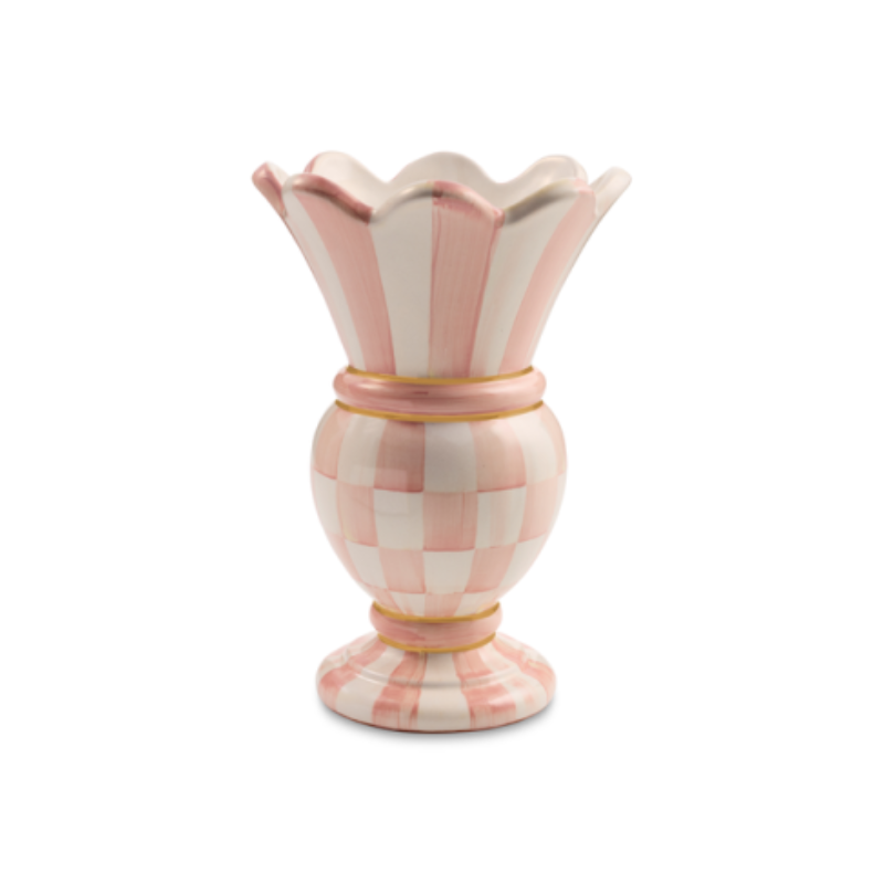 Small ceramic vase with pink and white checks and stripes, scalloped rim, and gold accents.