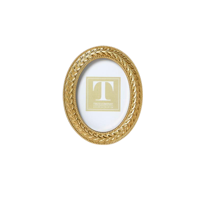 Oval Laurel Wreath Gold Photo Frame with intricate leaf detailing and glass insert.