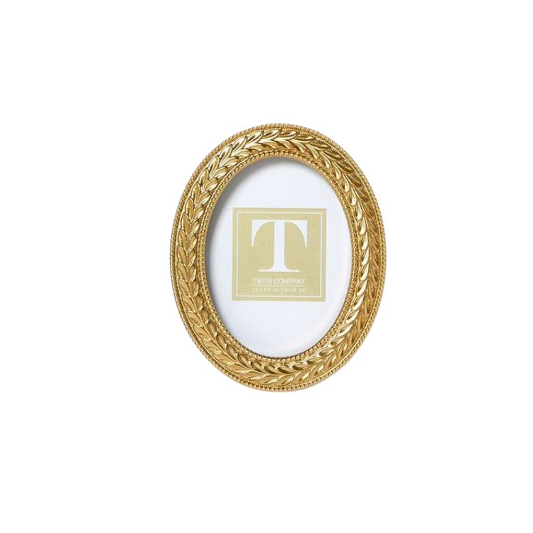 Oval Laurel Wreath Gold Photo Frame with intricate leaf detailing and glass insert.
