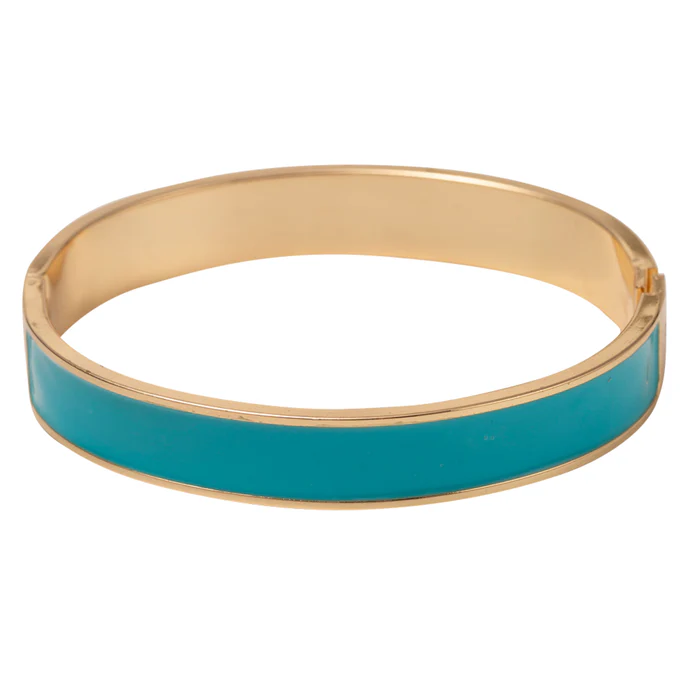 Teal enamel and gold-toned hinged bangle bracelet with a polished finish.