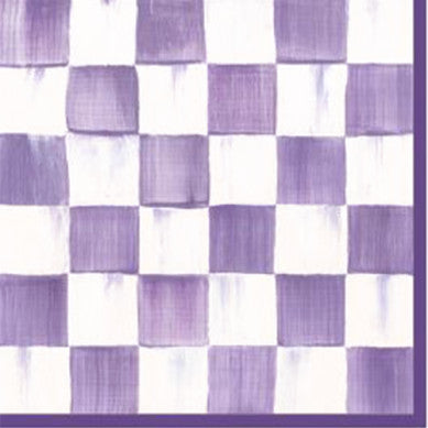 Folded violet check cocktail paper napkin made from triple-ply material.
