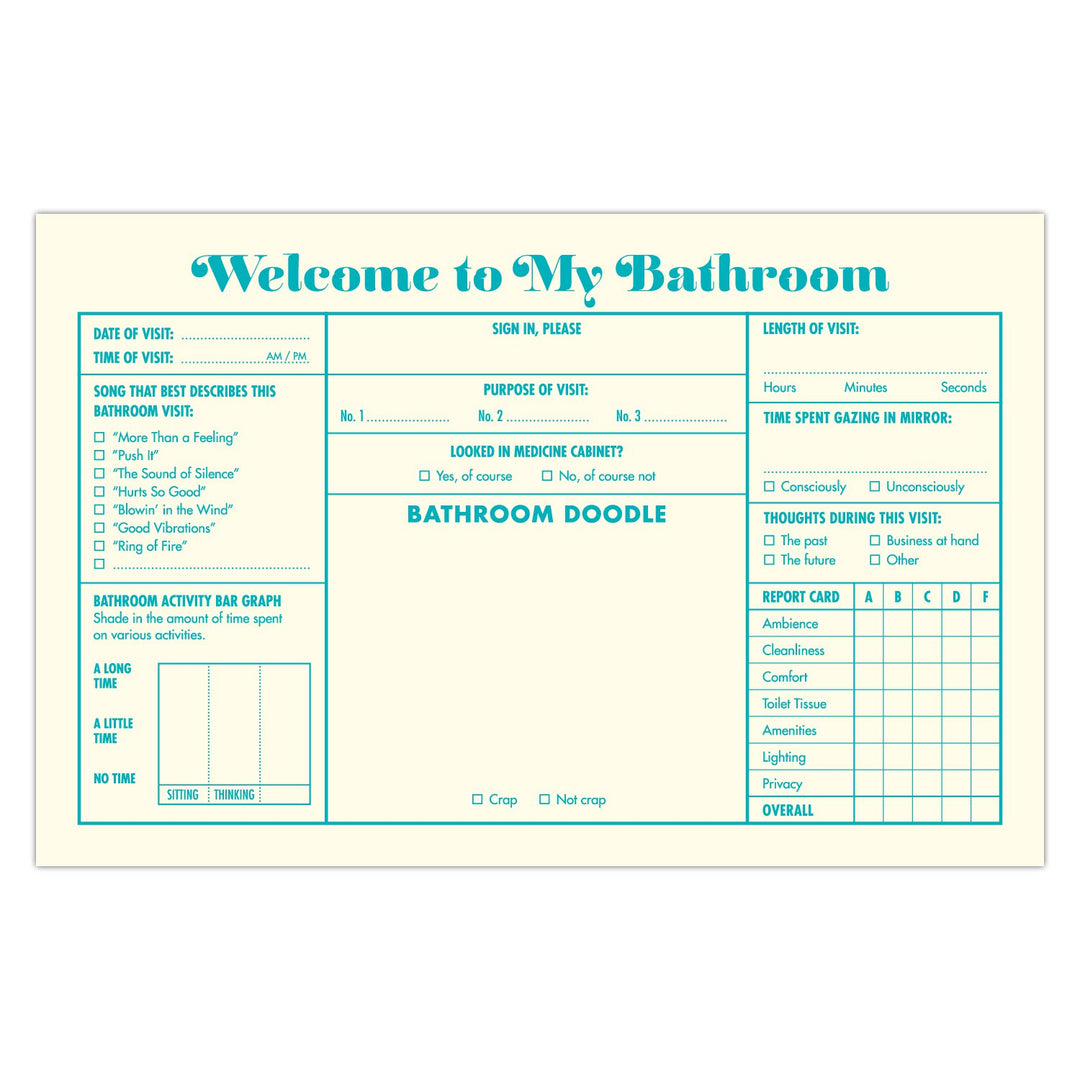 Bathroom guest book with padded hardcover, foil stamping, ribbon page marker, and white cover.