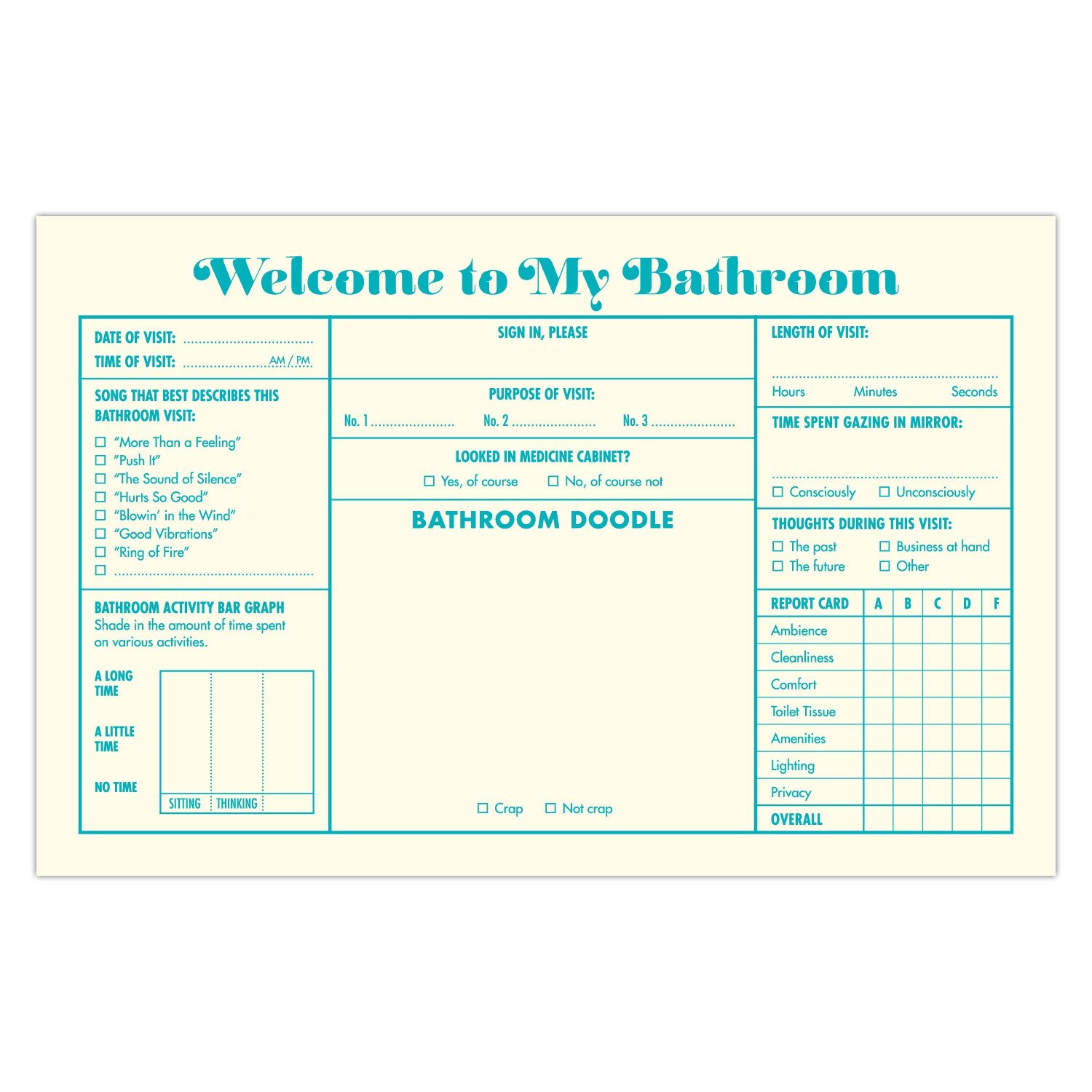Bathroom guest book with padded hardcover, foil stamping, ribbon page marker, and white cover.