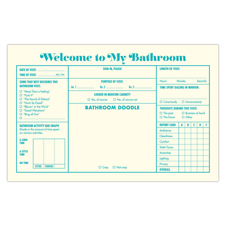 Bathroom guest book with padded hardcover, foil stamping, ribbon page marker, and white cover.