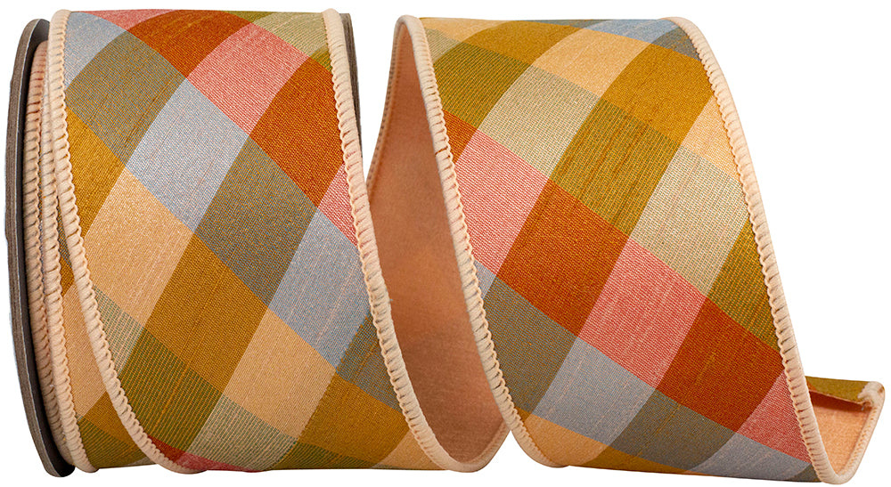 2.5 inch Augusta tonal diagonal plaid ribbon in shades of orange, gold, and blue-grey.