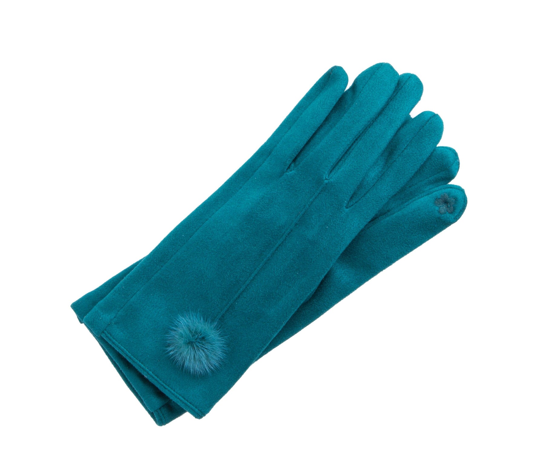 Women's black ultrasuede gloves with fur trim ball touchscreen tips