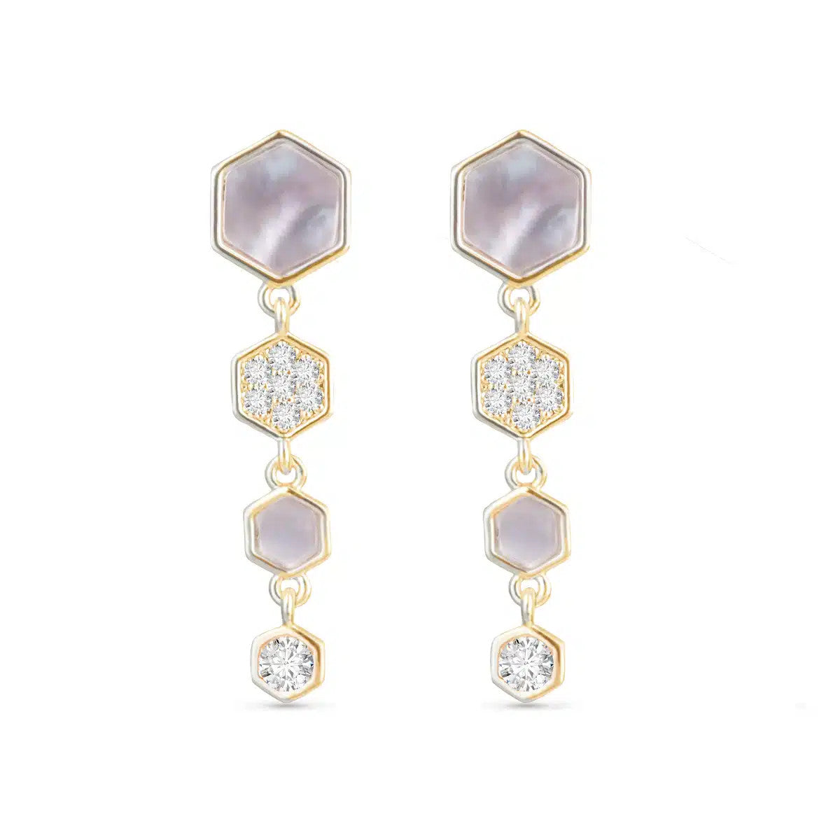 Gold drop earrings with four linked hexagons featuring grey mother of pearl and cubic zirconia.