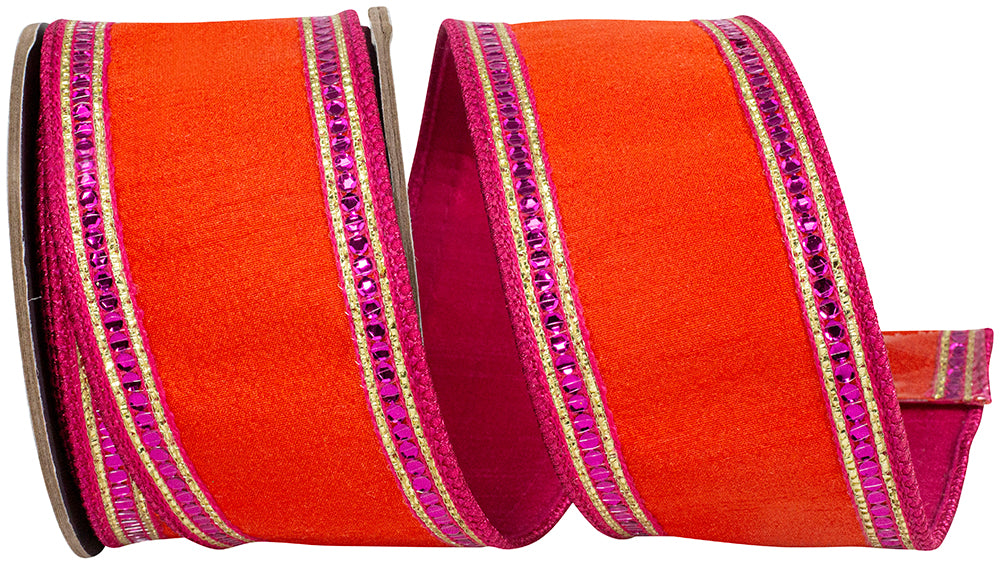Orange dupioni wired edge ribbon with pink sequin and gold striped trim.
