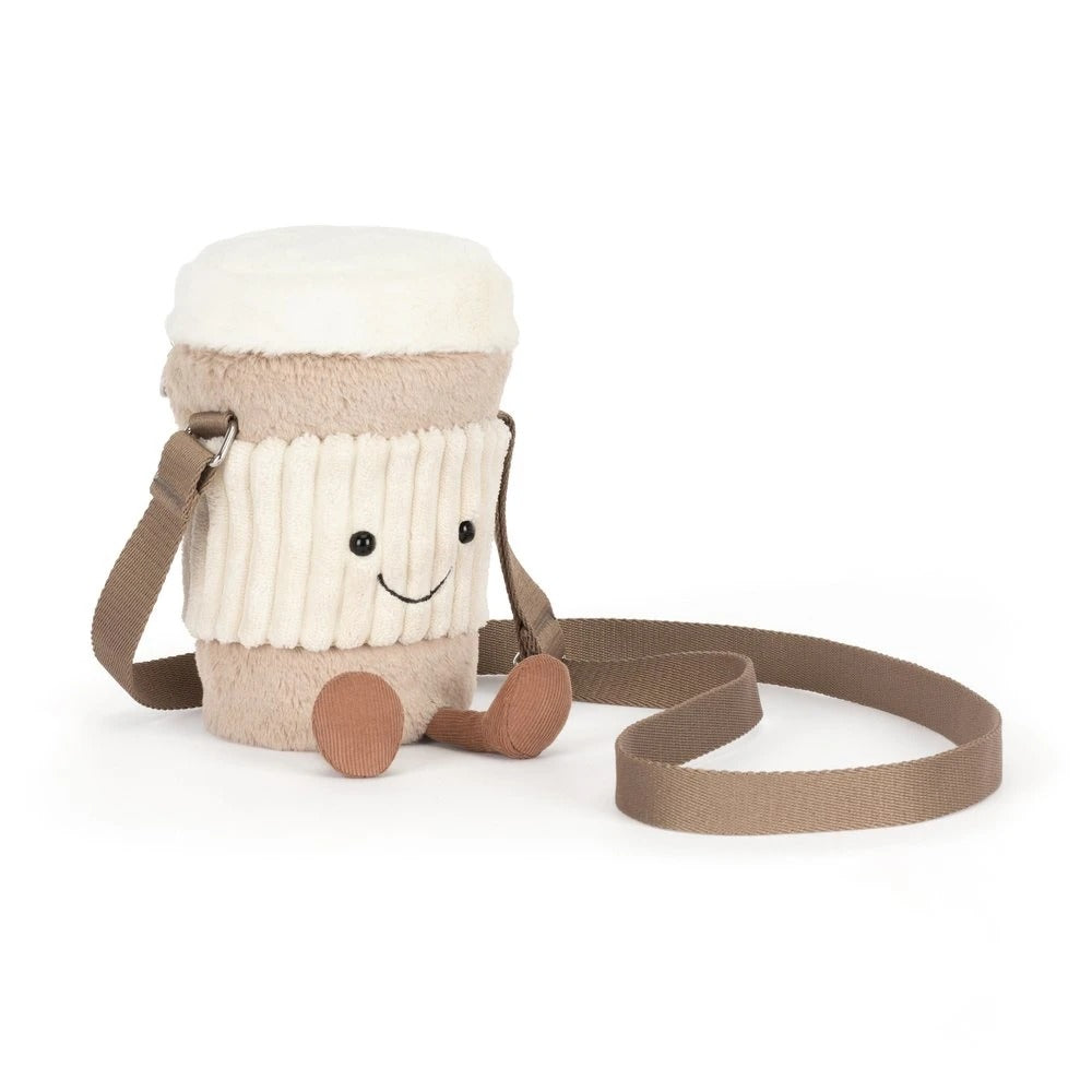 Amuseables Perkle Coffee Shoulder Bag with a smiling face, cordy legs, and adjustable brown strap.