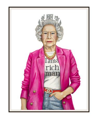 Framed artwork of Queen Elizabeth II wearing a pink blazer and a t-shirt that says "I am a rich man".