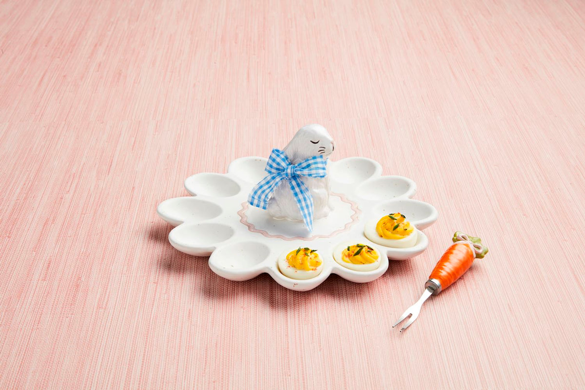 Stone platter set featuring a bunny-shaped deviled egg dish with matching fork.