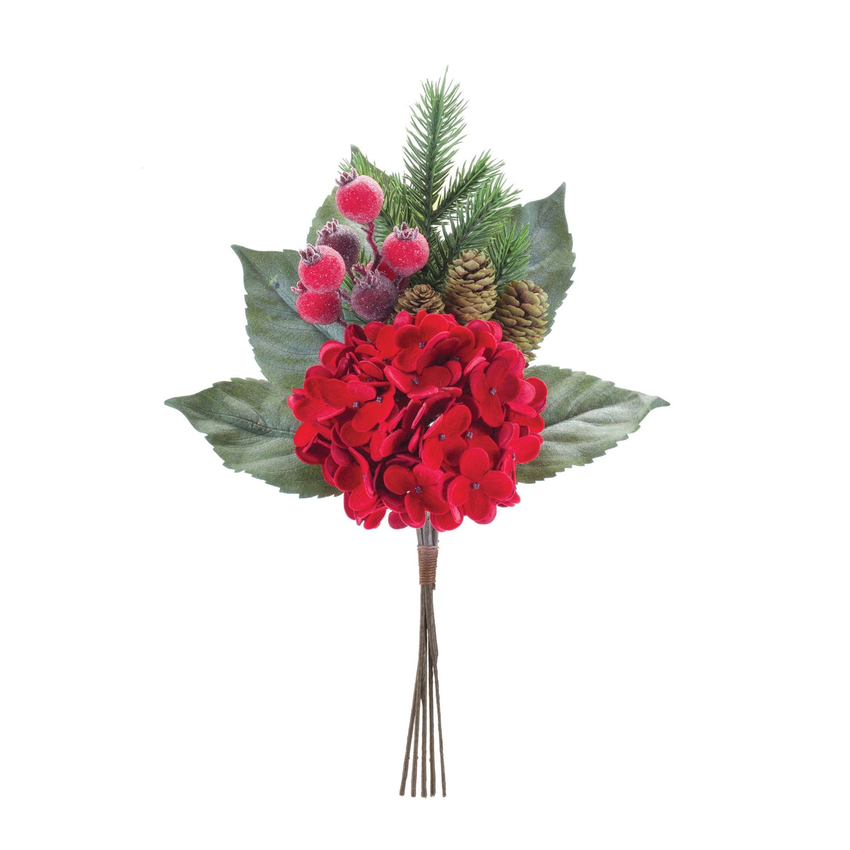 Red hydrangea bloom with green pine sprigs, natural pinecones, and frosted berries on a durable polyester pick.