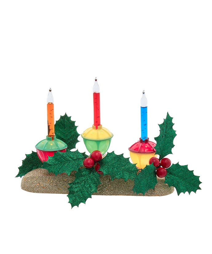 Three bubble light table piece with holly berry greenery gold base plastic copper materials