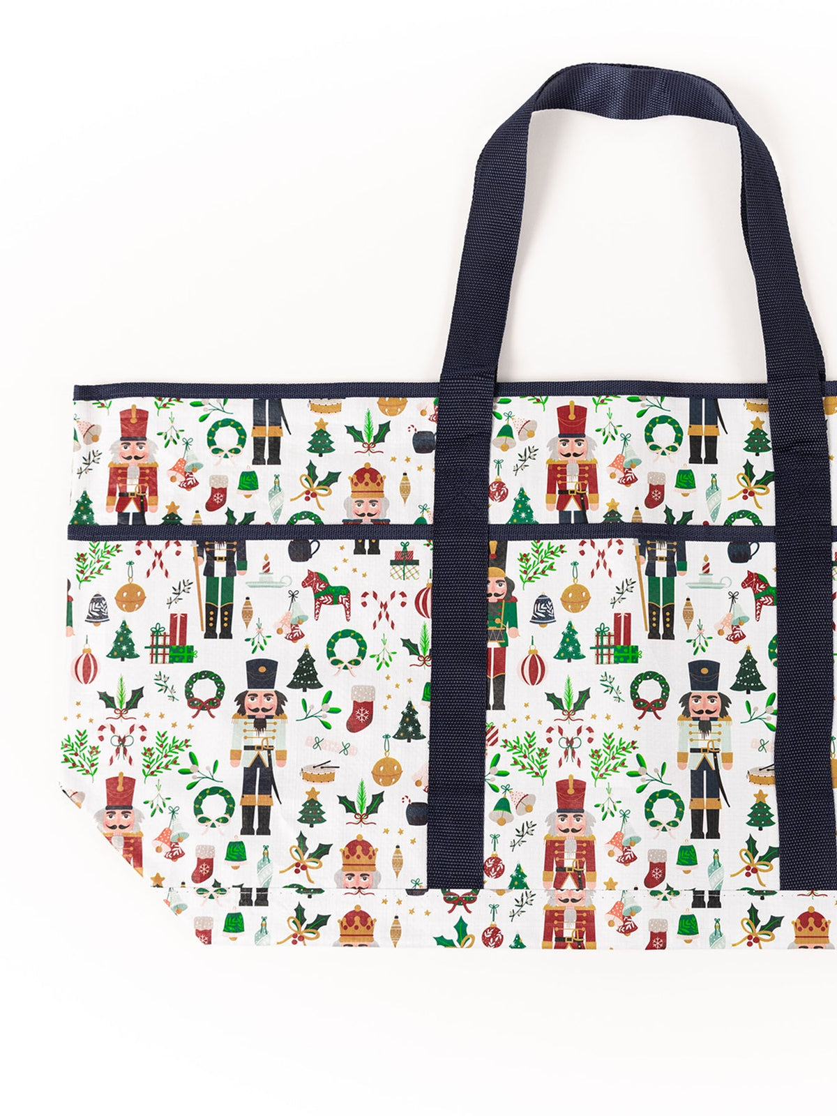 Traditional nutcracker utility tote bag in dark wood finish with front slip pocket.