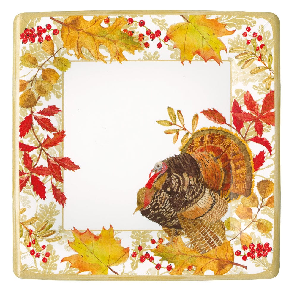 Pack of eight square paper dinner plates printed in the USA with water-based dyes.