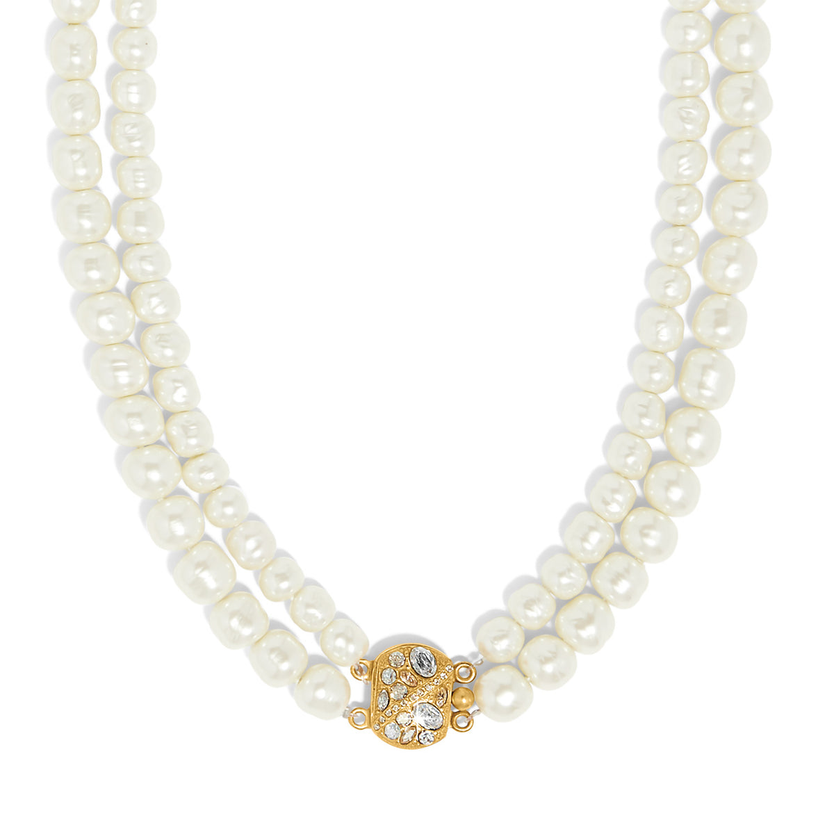 Double strand baroque pearl necklace with a gold-plated crystal-encrusted oval clasp.