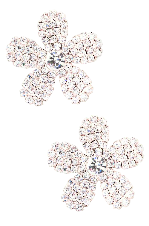 A pair of silver-tone 5-petal flower earrings fully encrusted with clear sparkling rhinestones.