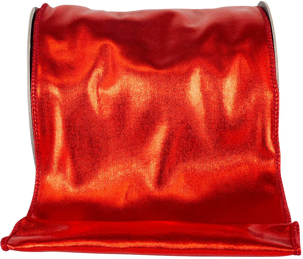 6 inch red mirror fantasy metallic deluxe two sided wired edge ribbon on a spool.