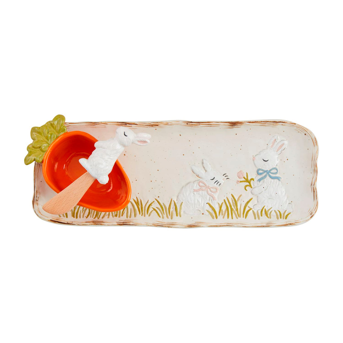 Stoneware bunny-shaped tray with carrot dip cup set in earthy tones