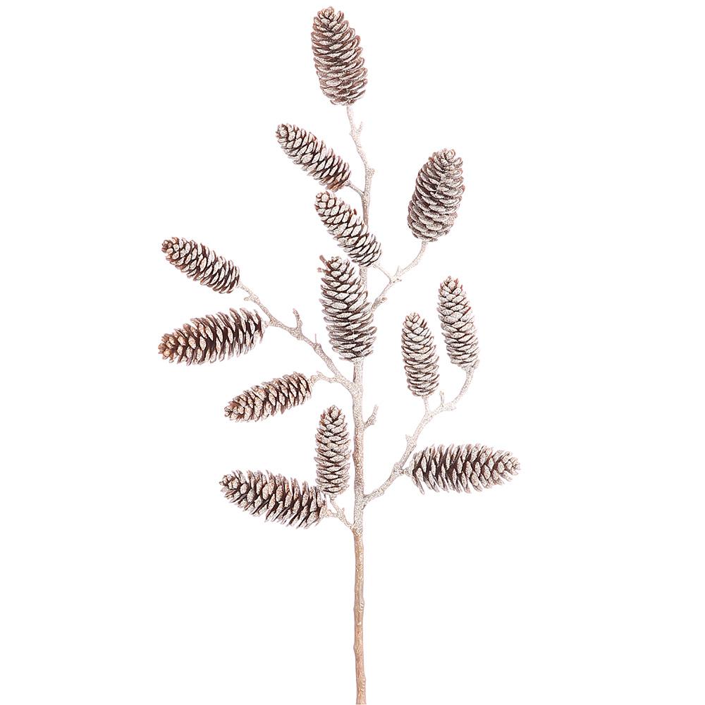 24-inch brown iced plastic pine cone spray with frosted texture on a branched stem.