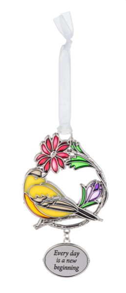 Zinc Blooms & Birds ornament featuring a bird perched among floral blooms.