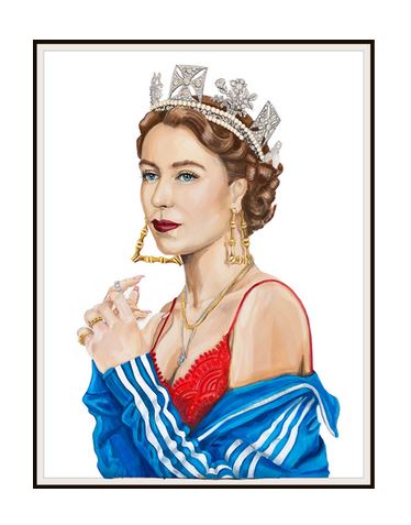 Framed giclée print of Queen Elizabeth II wearing a crown, large gold earrings, and a blue tracksuit.