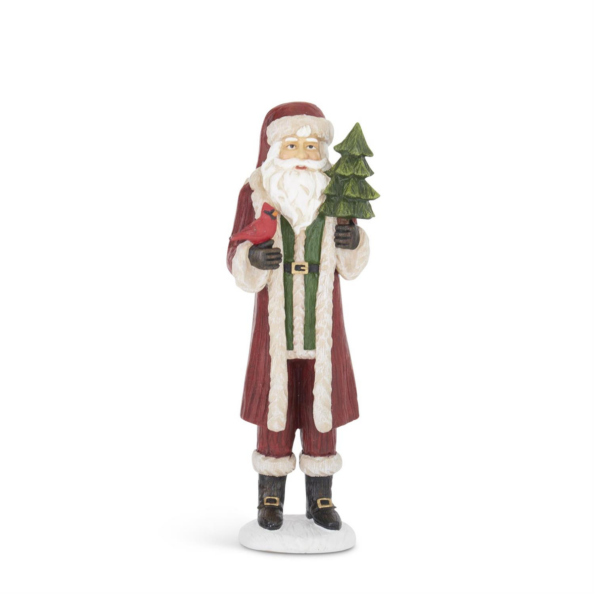 12-inch resin woodgrain Santa figurine holding a red cardinal and a small green Christmas tree.