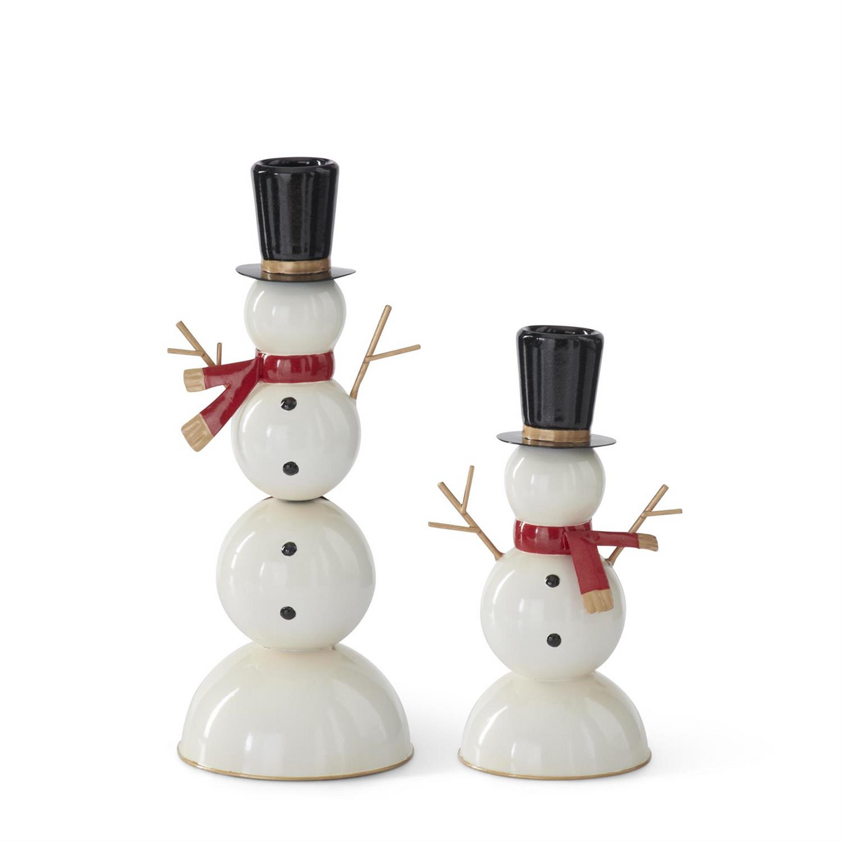 Two metal snowman taper candleholders in different sizes with black top hats and red scarves.