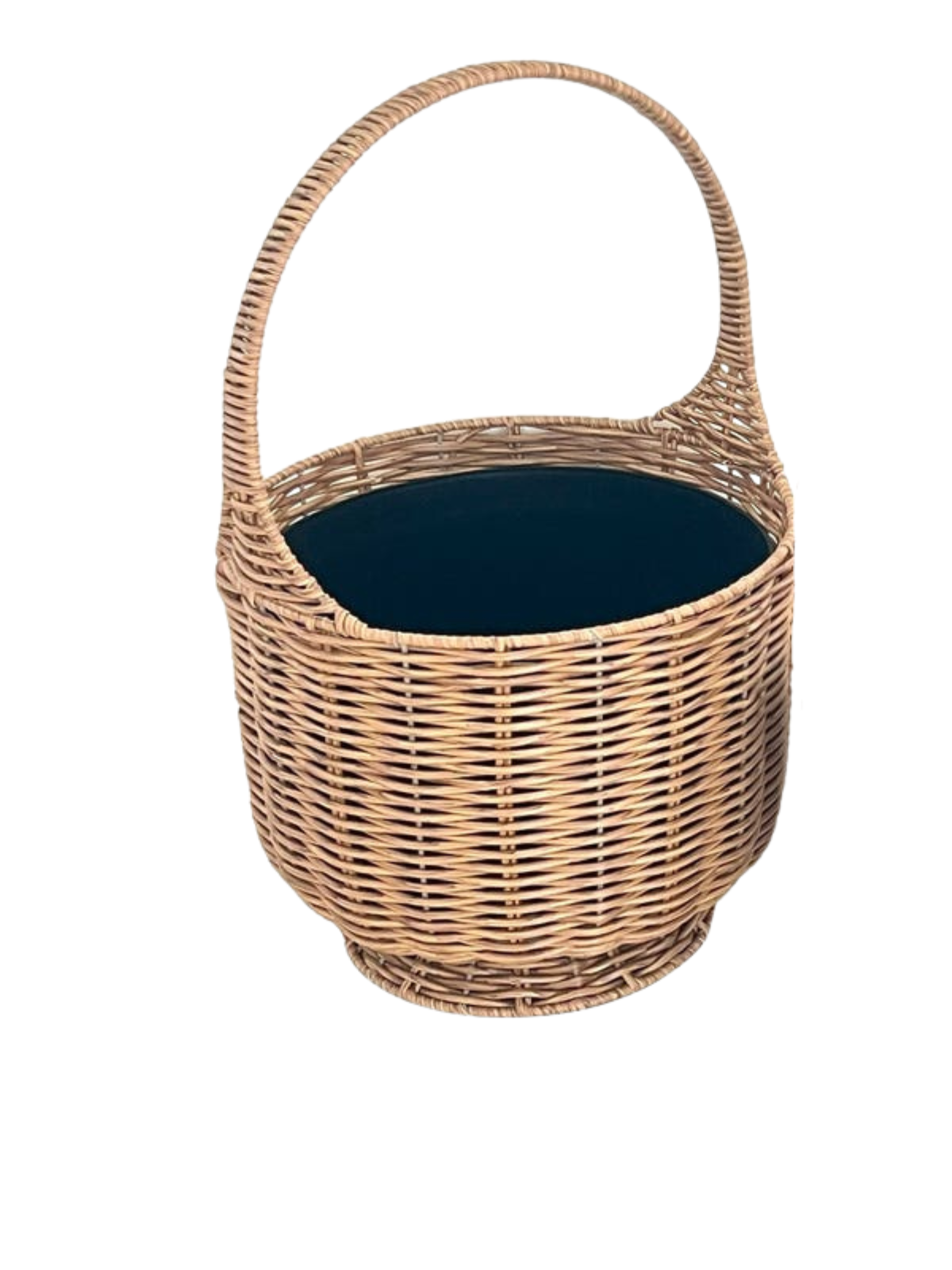 Woven poly basket with a dark interior and a curved handle.