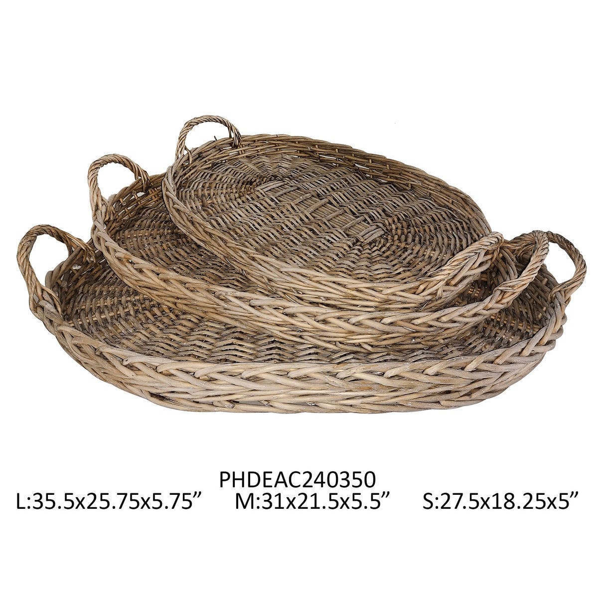 Three nested oval woven rattan trays with arched handles in a natural light brown finish.