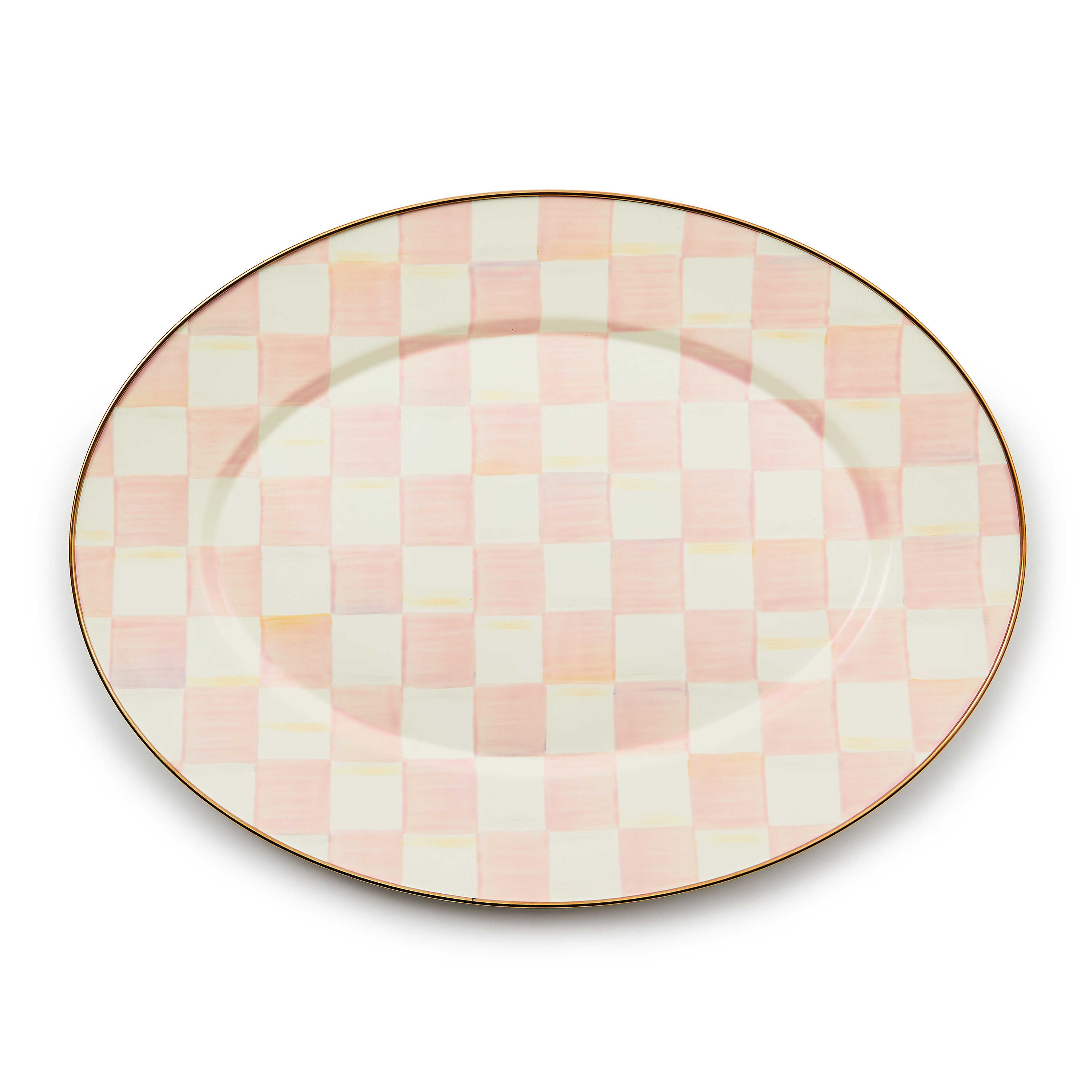 Oval platter with a hand-painted pink and white checkered pattern and a bronzed stainless steel rim.