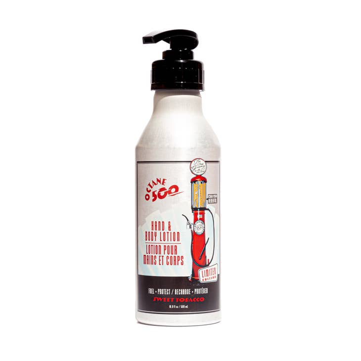 Bottle of Octane 500 Hand & Body Lotion with tobacco-scented label.