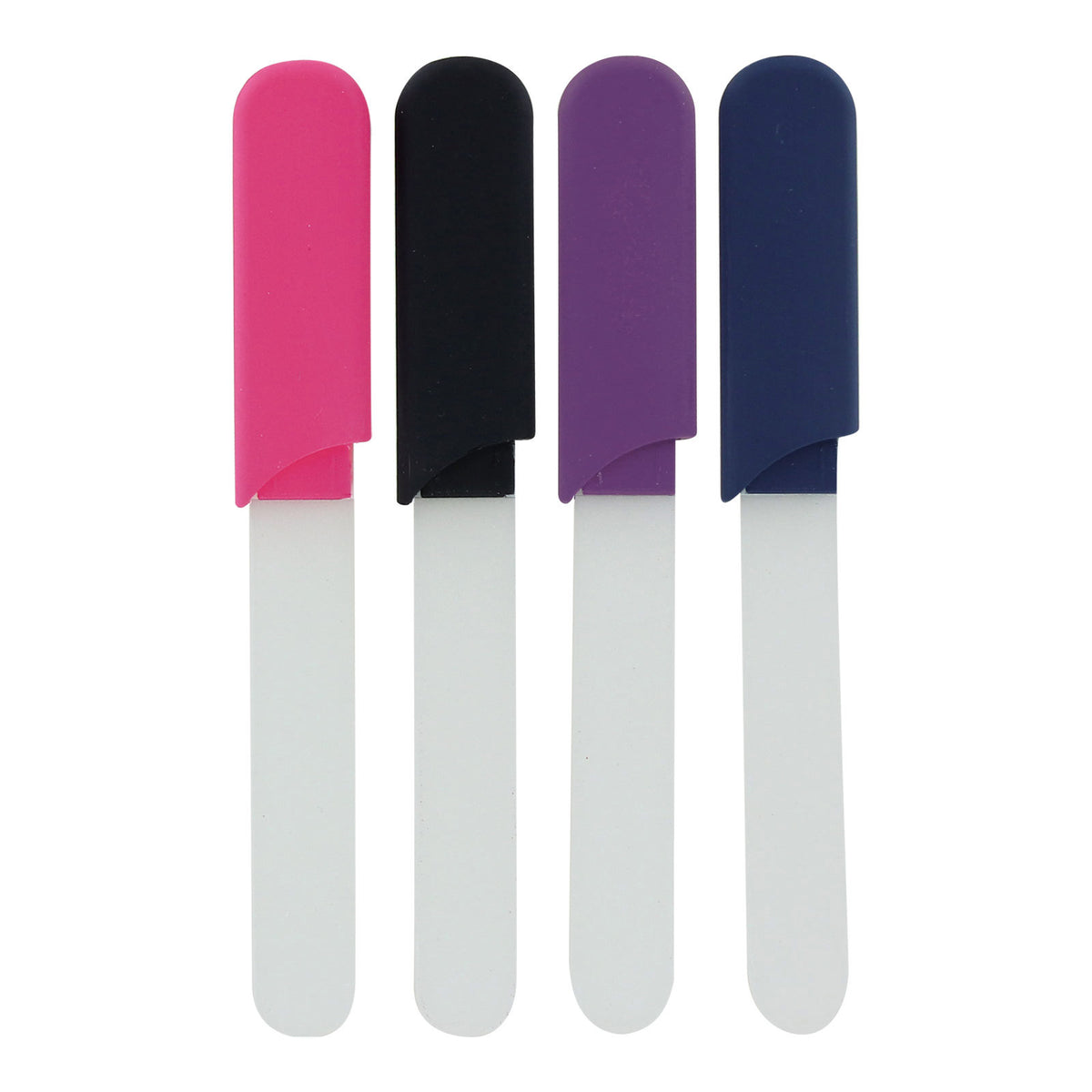 Four glass nail files with pink, black, purple, and navy blue protective travel cases.