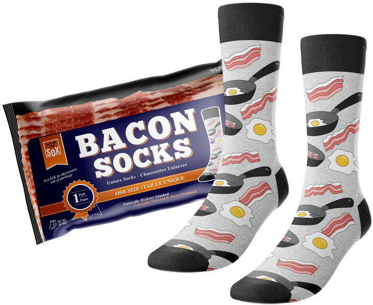 Bacon Socks with egg and frying pan patterns next to their bacon-style pouch packaging.