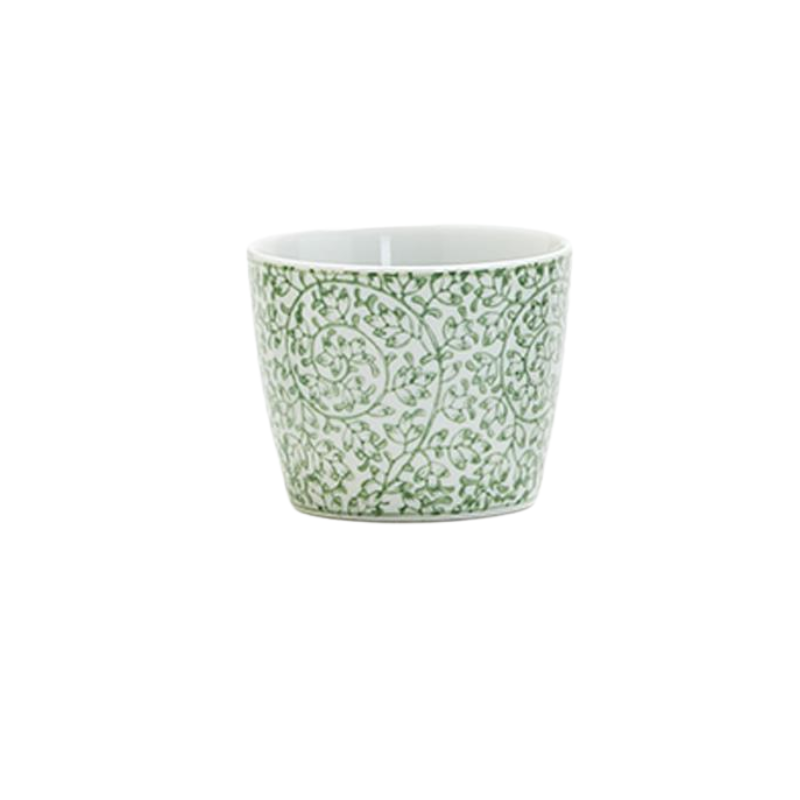 Small white porcelain cachepot with a green vine and leaf pattern.