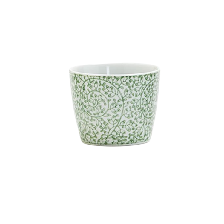Small white porcelain cachepot with a green vine and leaf pattern.