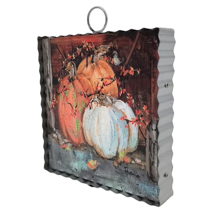 Mini Art Barn Pumpkins wall decor with three pumpkins in a scalloped metal frame by Rozanne Priebe.