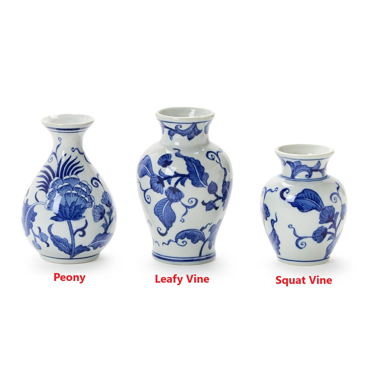 Three hand-painted blue and white porcelain vases in Peony, Leafy Vine, and Squat Vine styles.