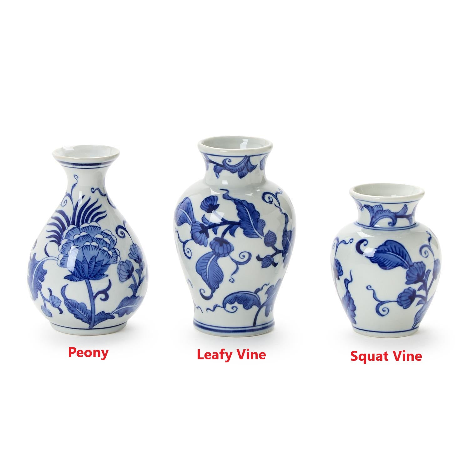 Three hand-painted blue and white porcelain vases in Peony, Leafy Vine, and Squat Vine styles.