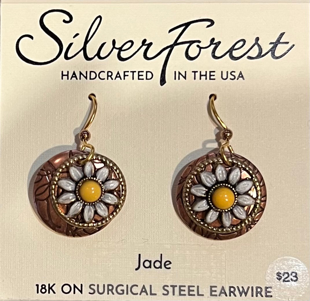 Layered round surgical steel earrings featuring a sunflower motif with fish-hook backs.