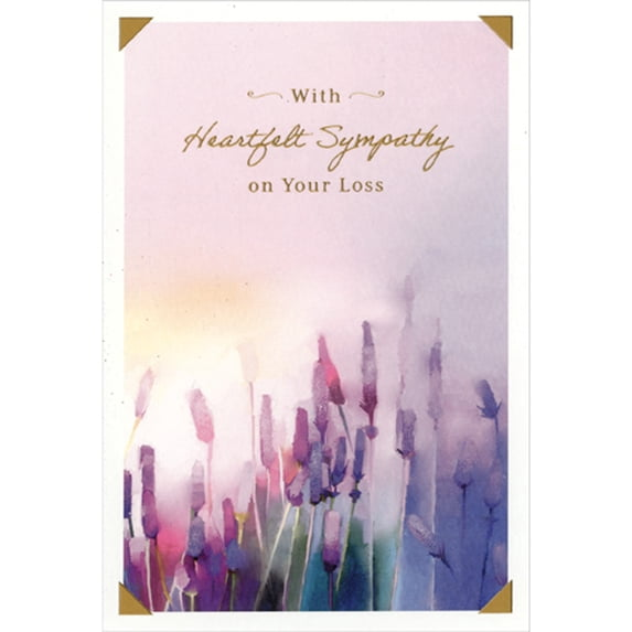 Sympathy card with violet watercolor flowers and text: With Heartfelt Sympathy on Your Loss.