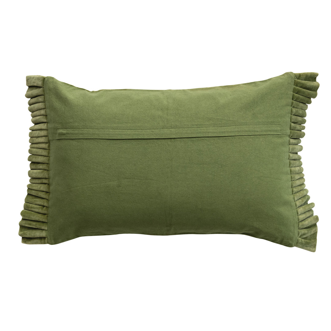 Back view of a moss green cotton velvet lumbar pillow with ruffled edges and a hidden zipper.