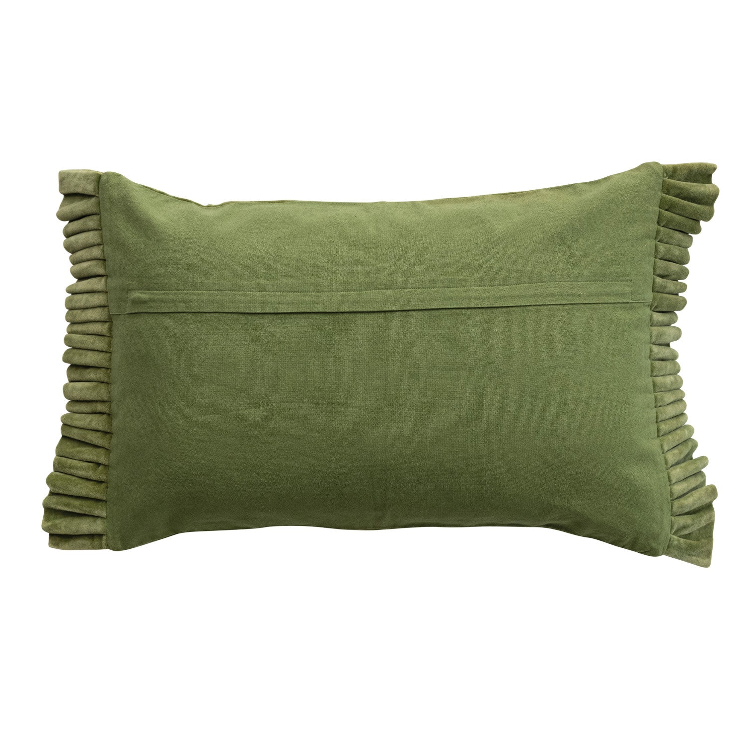 Back view of a moss green cotton velvet lumbar pillow with ruffled edges and a hidden zipper.