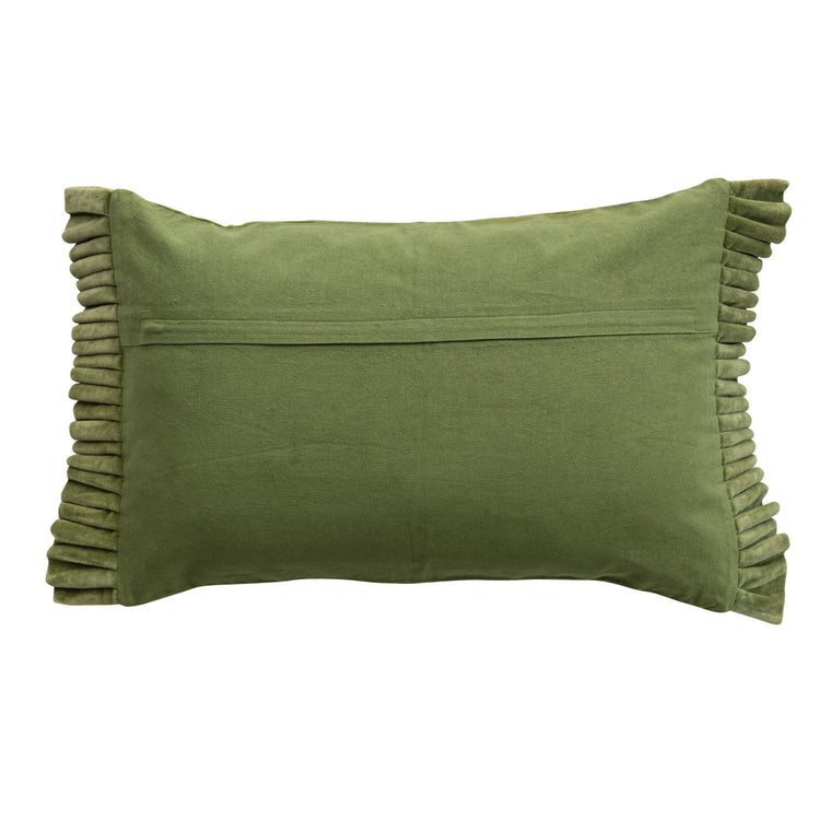 Back view of a moss green cotton velvet lumbar pillow with ruffled edges and a hidden zipper.