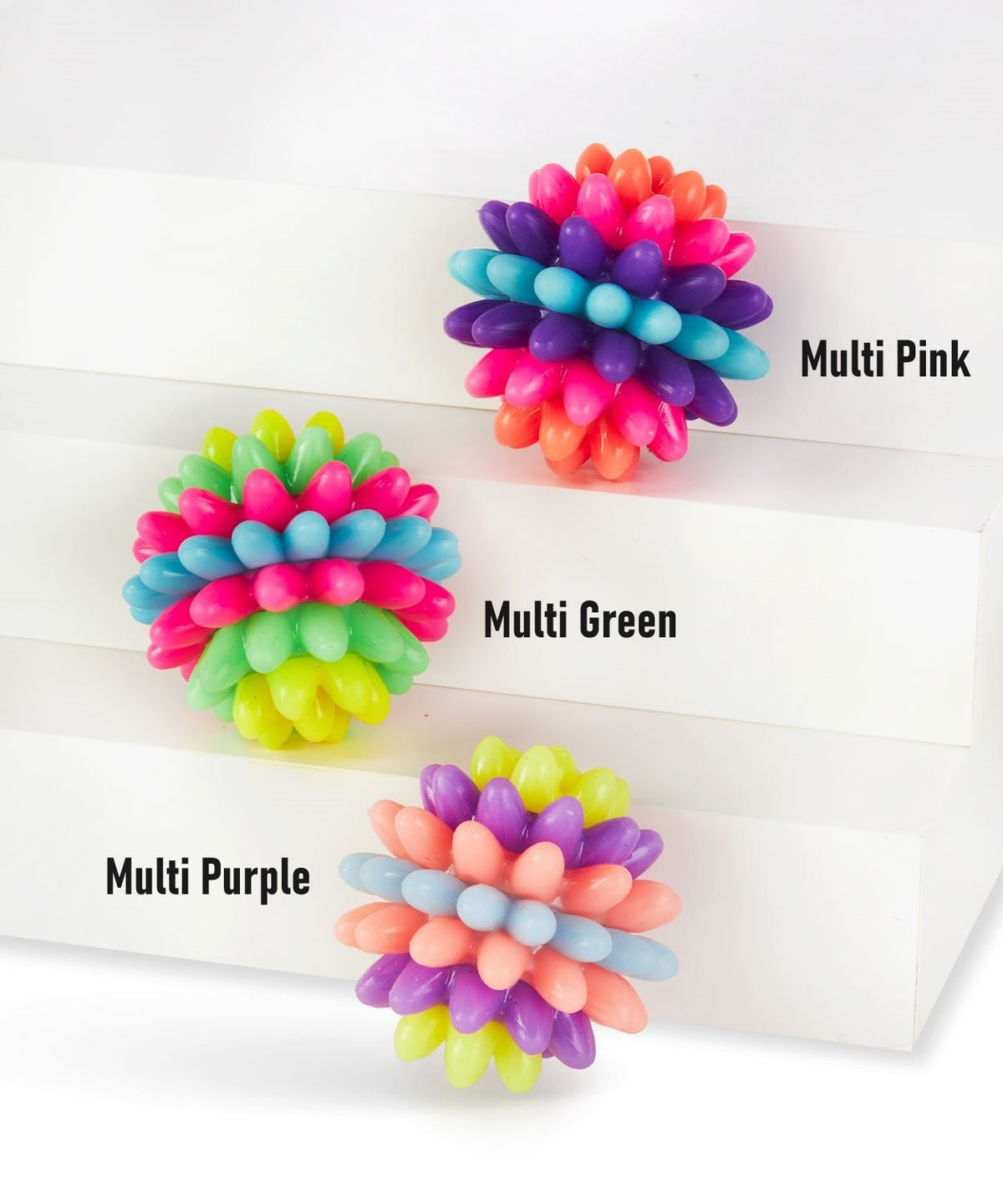 Multi-colored hard rubbery Flashing Spike Ball with a spiked spherical silhouette.