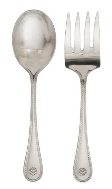 Two-piece Berry & Thread hostess set with serving spoon and meat fork in stainless steel featuring berry motif thread pattern.