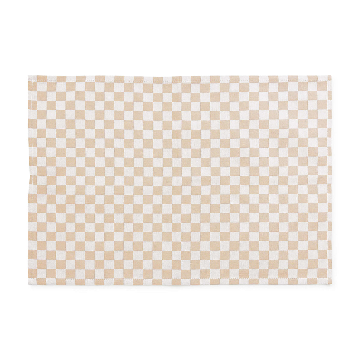 Set of four woven cotton check placemats in flax color with a classic grid pattern.