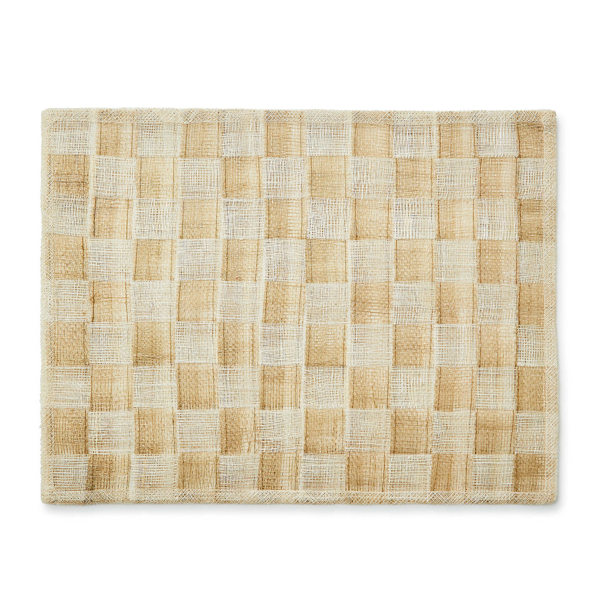 Set of four woven sinamay placemats in natural flax color with a check pattern.