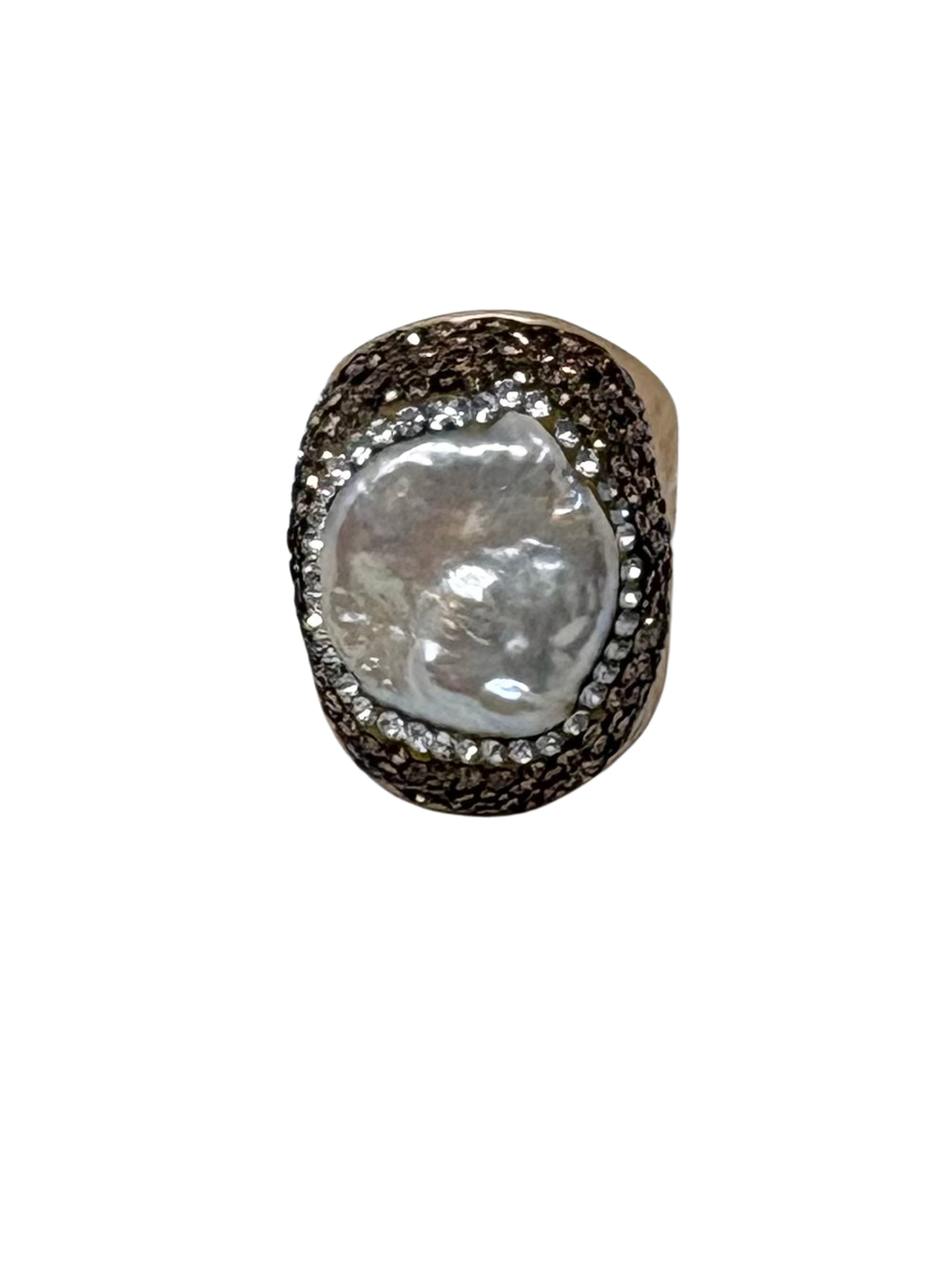 Queen of Sheba fashion ring featuring a large baroque pearl surrounded by a halo of small crystals.