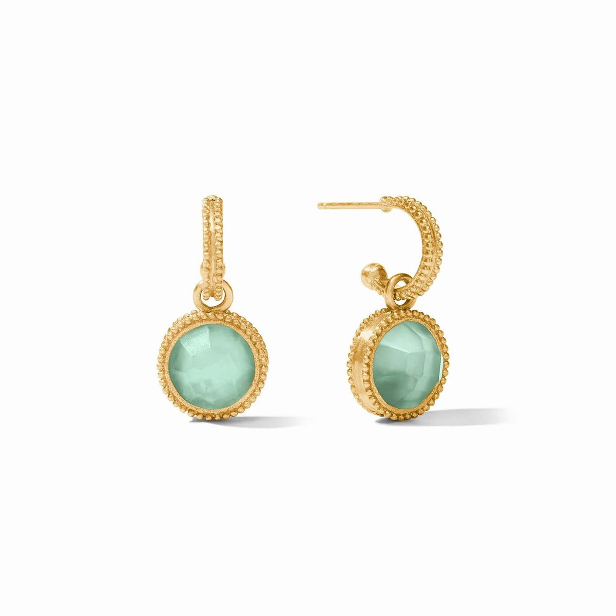 Iridescent aquamarine hoop earring with fleur-de-lis charm and mother-of-pearl accent